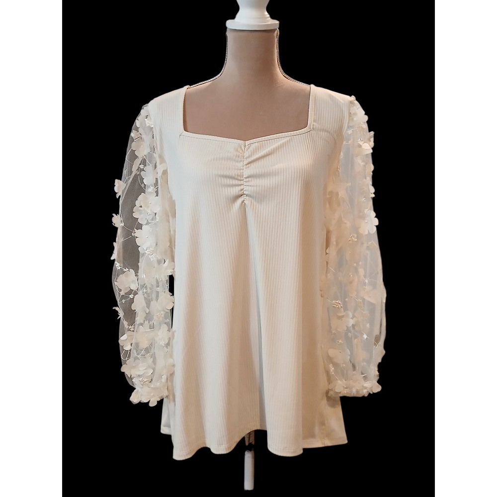 Cato Plus Size 18/20 White Ribbed Knit Top 3D Floral Mesh Balloon Sleeve NWT
